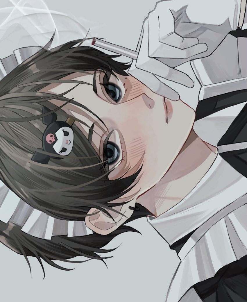 1boy black_hair blue_eyes blush cigarette closed_mouth commentary ear_piercing earrings gloves grey_background hair_ornament hairclip highres holding holding_cigarette jewelry looking_at_viewer maid maid_headdress male_focus mole mole_under_eye original parted_bangs piercing portrait short_hair simple_background smile smoke solo sosaku_25 white_gloves