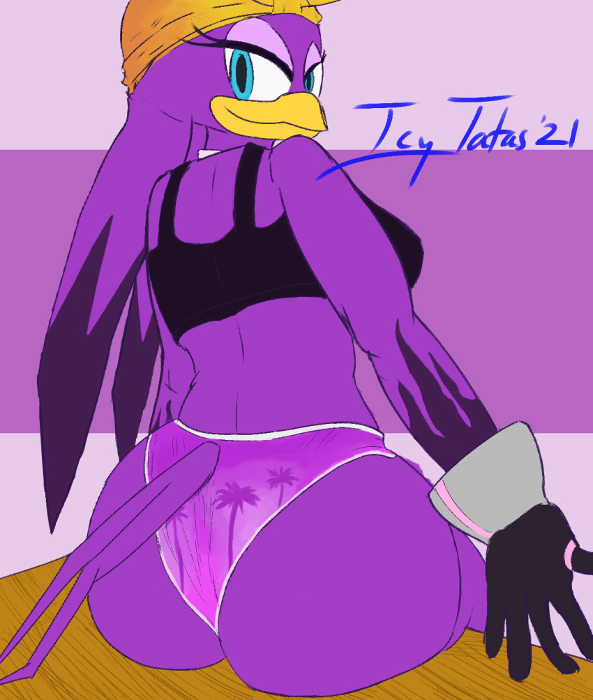 2d anthro avian babylon_rogues bandanna beak big_butt bikini bikini_bottom bird black_bikini black_bikini_top black_bra black_clothing black_gloves black_handwear black_swimwear black_underwear blue_eyes bra butt butt_focus clothing digital_drawing_(artwork) digital_media_(artwork) drawing female furniture gloves handwear hi_res hirundinid icytatas kerchief looking_at_viewer looking_back oscine passerine purple_background purple_body purple_clothing purple_underwear sega simple_background sitting smile smiling_at_viewer solo sonic_forces sonic_riders sonic_the_hedgehog_(series) swallow_(bird) swimwear table thick_thighs underwear wave_the_swallow wide_hips