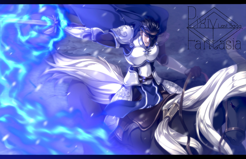 1boy animal armor black_hair blue_cape blue_fire bridle cape copyright_name fire hair_tubes highres horseback_riding killingrock male_focus outdoors pixiv_fantasia pixiv_fantasia_last_saga reins riding saddle short_hair solo zakhar_(pixiv_fantasia_last_saga)