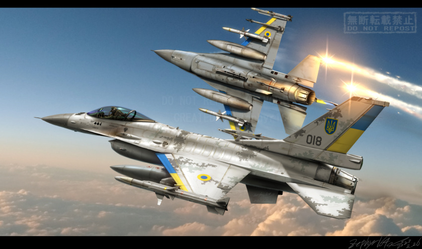 aircraft airplane blue_sky canopy_(aircraft) cloud f-16_fighting_falcon fighter_jet flare highres jet letterboxed military military_vehicle no_humans original russo-ukrainian_war sketch sky ukraine zephyr164