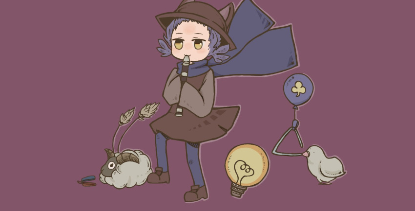 1other :3 androgynous animal animal_ears animal_hat balloon bird blue_hair blue_pantyhose blue_scarf brown_dress brown_footwear brown_headwear co8 dress floating_scarf full_body goat_horns grey_shirt hat holding holding_instrument horns instrument light_bulb looking_ahead music niko_(oneshot) oneshot_(game) other_focus pantyhose playing_instrument purple_background recorder scarf sheep shirt short_hair simple_background sleeveless sleeveless_dress sleeves_past_fingers sleeves_past_wrists solo standing triangle_(instrument) very_long_sleeves white_bird wide_sleeves yellow_eyes