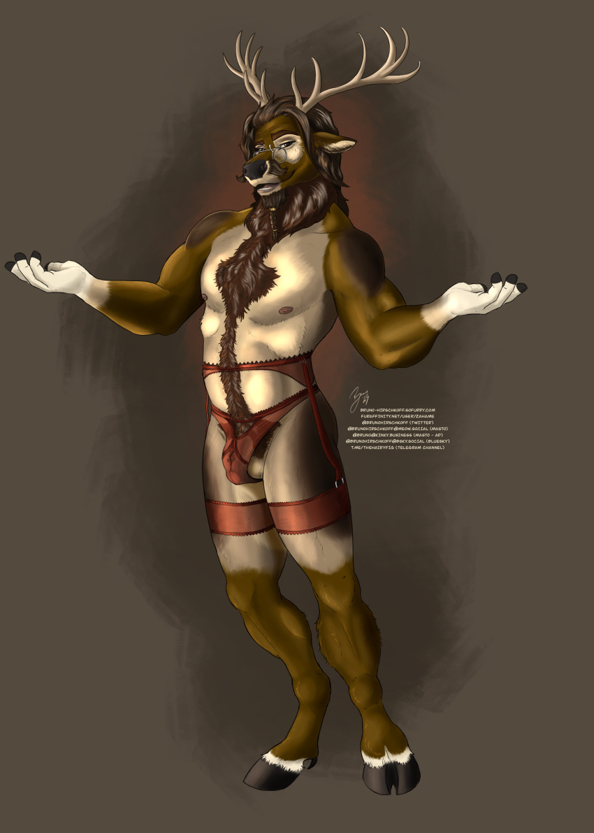 2023 2_horns absurd_res anthro antlers areola balls beard biped black_beard black_nose body_hair braided_beard brown_body bruno_hirschkoff cervine chest_hair clothed clothing cloven_hooves countershade_torso countershading crossdressing deer elk eyebrows eyewear facial_hair fingers flaccid front_view garter_belt garter_straps genitals glans glasses gloves_(marking) hi_res hooved_fingers hooves horn humanoid_genitalia humanoid_penis lingerie looking_at_viewer male mammal markings mature_male multicolored_body neck_tuft nipples open_mouth panties penis pince-nez pubes simple_background solo standing teeth tongue translucent translucent_clothing translucent_panties translucent_underwear tuft two_tone_body underwear underwear_only unguligrade white_body white_markings