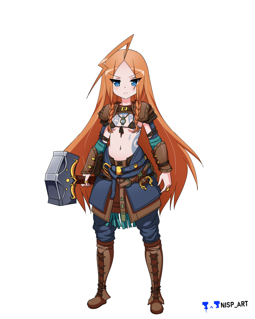 1girl absurdres age_regression aged_down ahoge amulet arm_guards armor artist_name belt bikini bikini_top_only blue_eyes blue_pants boots bracer braid breasts brown_footwear closed_mouth clothing_cutout commission commissioner_upload front-tie_top frown full_body genderswap genderswap_(mtf) god_of_war god_of_war_ragnarok hammer highres holding holding_hammer holding_weapon huge_ahoge jewelry long_hair looking_at_viewer midriff navel nisp_art norse pants pauldrons pendant red_hair ring russian_commentary scar scar_on_face shoulder_armor shoulder_pads simple_background small_breasts solo standing stomach stomach_cutout swimsuit tattoo thor_(god_of_war) twin_braids weapon white_background