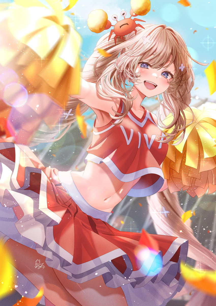1girl absurdres blonde_hair blue_eyes breasts cheerleader collarbone confetti crab_on_head crop_top cross_hair_ornament drill_hair fate/grand_order fate_(series) hair_ornament highres holding holding_pom_poms long_hair marie_antoinette_(fate) midriff navel open_mouth pleated_skirt pom_pom_(cheerleading) red_skirt signature skirt sky solo thighs totomiya