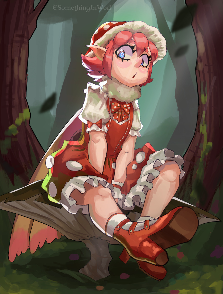 artist_name blue_eyes bow cape dress forest full_body highres kirby_(series) looking_at_viewer mushroom nature outdoors personification pink_hair pointy_ears polka_dot polka_dot_bow red_dress red_footwear red_headwear short_hair short_sleeves sidelocks sitting socks somethinginworl symbol-shaped_pupils white_socks