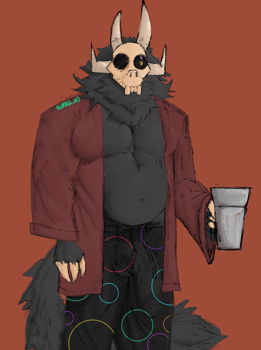 anthro beverage biped bone bottomwear bulge claws clothed clothing container cup digital_media_(artwork) fur grey_body grey_fur hi_res holding_beverage holding_object king's_dad_(the_owl_house) male musclegut navel neck_tuft orange_eyes simple_background skull skull_head solo standing surrel tail teeth topwear tuft watermark