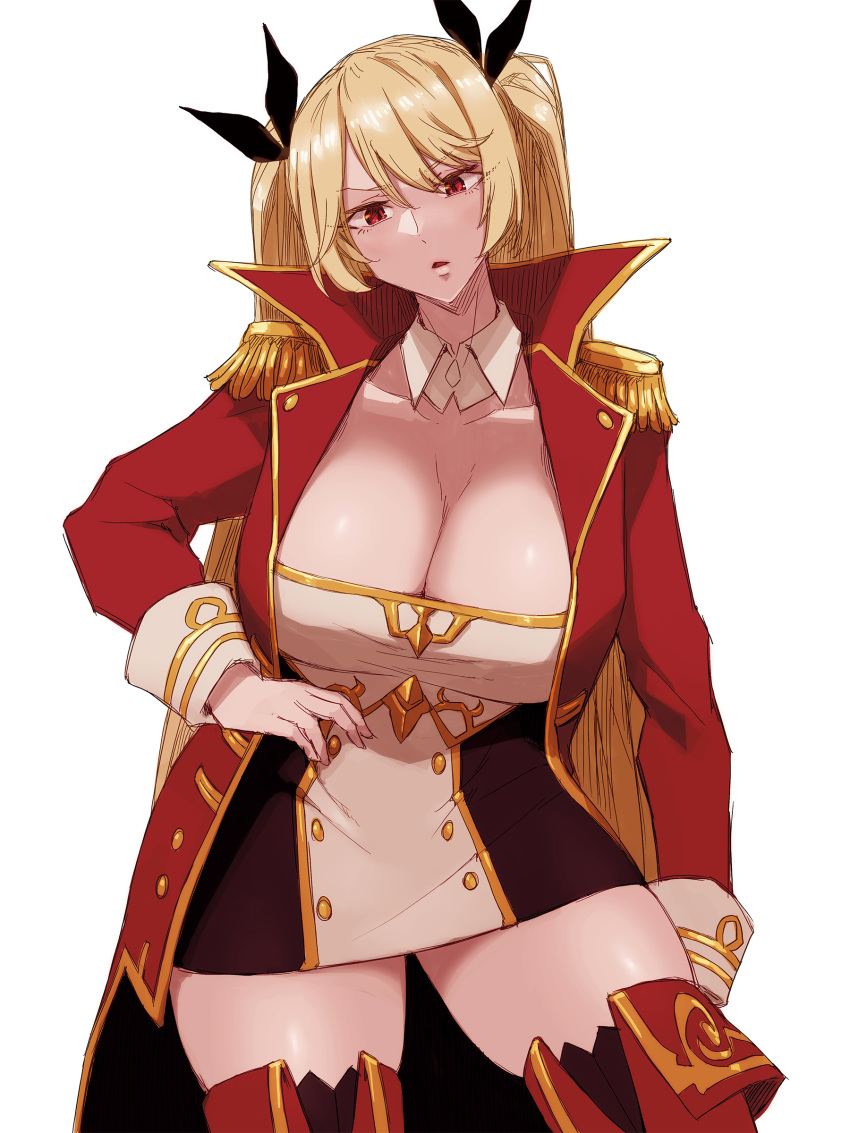 1girl absurdres arm_at_side azur_lane black_dress black_ribbon boots breasts buttons cleavage coat collarbone commentary_request cowboy_shot dated_commentary detached_collar dress epaulettes hair_between_eyes hair_ribbon hand_on_own_hip head_tilt highres huge_breasts long_hair long_sleeves looking_at_viewer mabuta_kayumi nelson_(azur_lane) open_clothes open_coat parted_lips red_coat red_eyes red_footwear ribbon short_dress simple_background solo standing thigh_boots twintails two-tone_dress very_long_hair white_background white_dress zettai_ryouiki