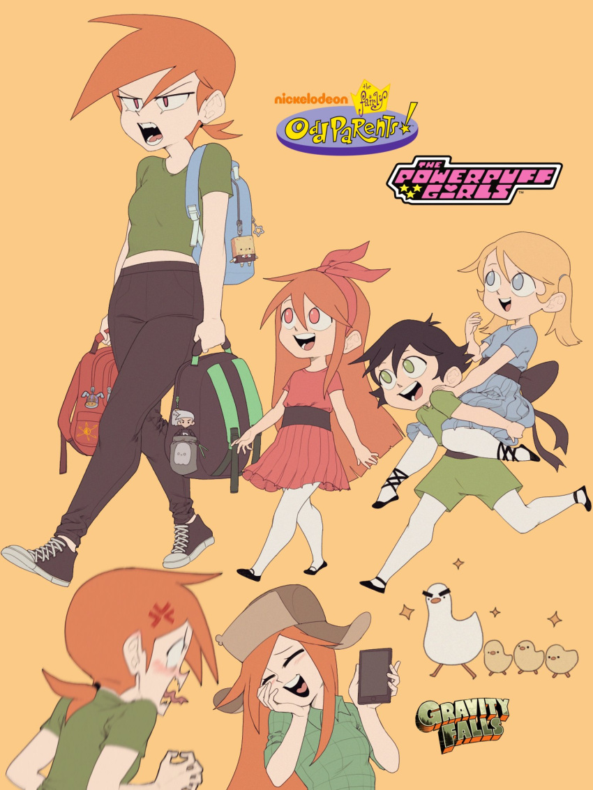 5girls anger_vein bag bird black_hair black_pants blonde_hair blossom_(ppg) blue_dress blush bow bubbles_(ppg) buttercup_(ppg) carrying closed_eyes dress duck gravity_falls green_dress green_shirt hair_bow highres holding holding_bag holding_phone long_hair looking_at_another medium_hair mrfishcorpse multiple_girls open_mouth orange_background orange_hair pants phone piggyback powerpuff_girls red_bow red_dress red_eyes shirt short_hair simple_background smile star_(symbol) the_fairly_oddparents vicky_(fop) wendy_corduroy