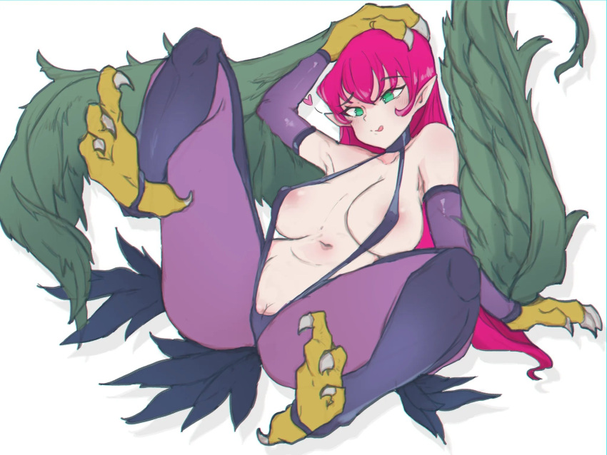 1girl bare_shoulders bird_legs bird_tail blush breasts claws commentary_request covered_nipples duel_monster feathered_wings feathers green_eyes green_feathers green_wings hair_between_eyes harpie_lady harpie_lady_1 harpy heart highres large_breasts long_hair monster_girl navel pink_hair pointy_ears pussy rancha06743732 solo spread_legs tail tail_feathers talons tongue tongue_out very_long_hair winged_arms wings yu-gi-oh!