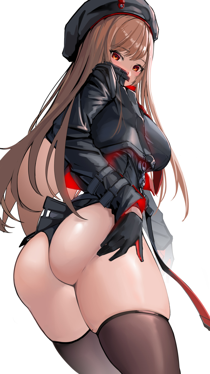 1girl absurdres ass beret black_gloves black_jacket black_leotard black_thighhighs breasts brown_hair from_behind gloves goddess_of_victory:_nikke hat highres incredibly_absurdres jacket large_breasts leotard long_hair looking_back mole mole_on_thigh rapi_(nikke) red_eyes simple_background skindentation slug_1356 solo thighhighs thighs very_long_hair white_background