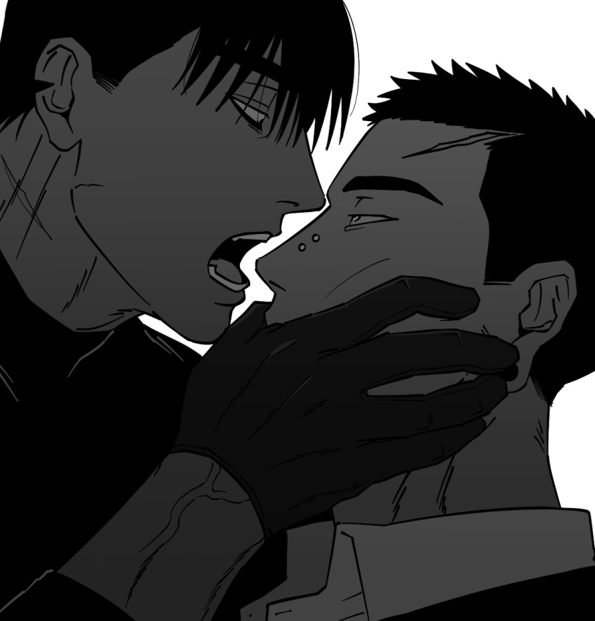 2boys balnom bara collared_shirt covering_another's_mouth gloves greyscale half-closed_eyes highres male_focus mature_male monochrome multiple_boys open_mouth original scar scar_on_face scar_on_forehead scar_on_neck shirt short_hair thick_eyebrows unamused upper_body yaoi
