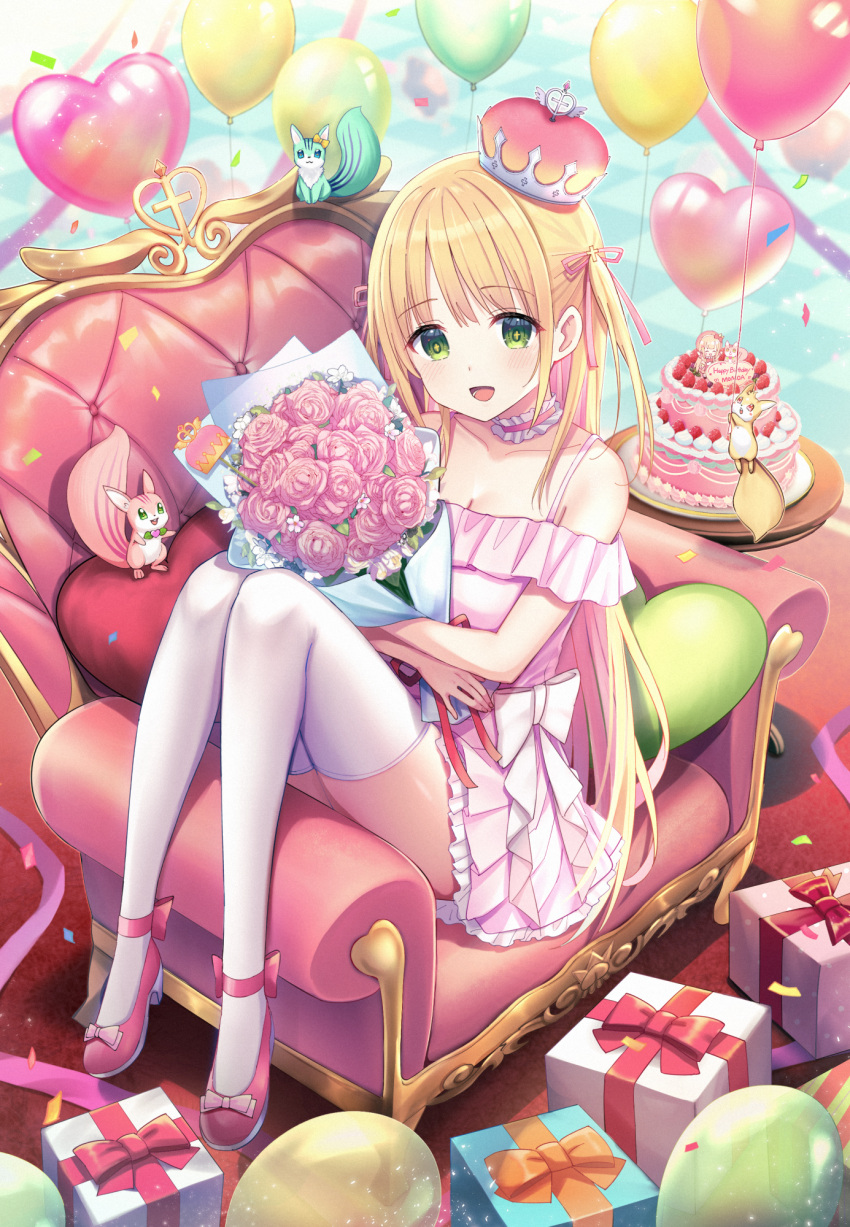 1girl :d animal balloon bare_shoulders box breasts cake cleavage collarbone commentary_request crown dress flower food gift gift_box hair_ribbon heart heart_balloon heart_pillow highres hugging_object ikoi_momoa knees_up long_hair looking_at_viewer mini_crown off-shoulder_dress off_shoulder pillow pink_dress pink_flower pink_footwear pink_ribbon pink_rose propro_production ribbon rose shoes sitting small_breasts smile solo squirrel thighhighs tilted_headwear two_side_up u_rin very_long_hair virtual_youtuber white_thighhighs