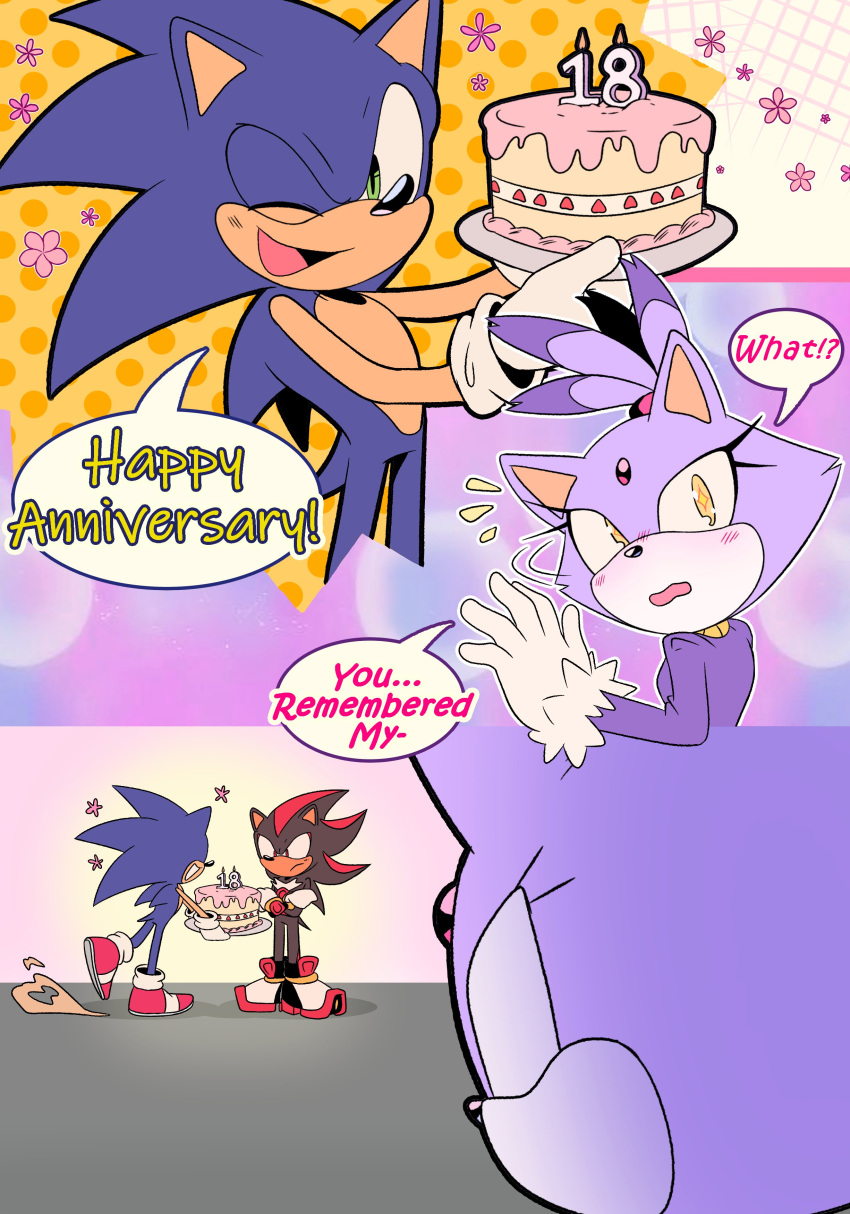 1girl 2boys absurdres anniversary birthday_cake black_fur blaze_the_cat blue_fur blush cake crossed_arms food forehead_jewel gloves happy_anniversary highres multiple_boys one_eye_closed open_mouth ponytail purple_fur red_footwear red_fur shadow_the_hedgehog shadow_the_hedgehog_(game) sonic_(series) sonic_rush sonic_the_hedgehog speech_bubble stellarspin white_gloves yellow_eyes