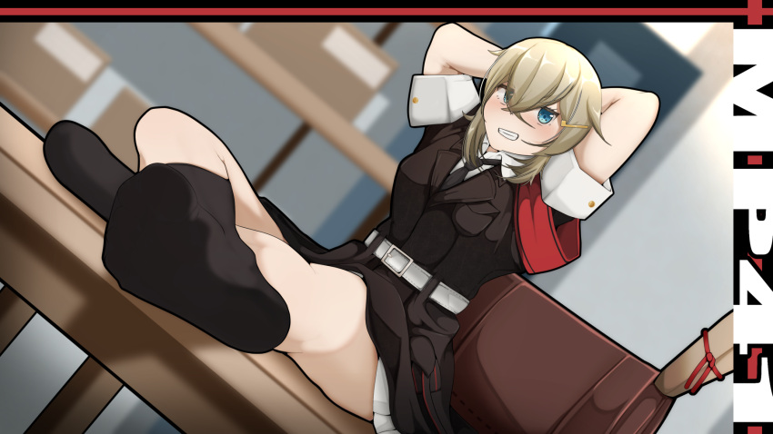 1girl arms_behind_head belt black_jacket black_necktie black_skirt black_socks blonde_hair blue_eyes blurry blurry_background blush brown_bag character_name commentary_request commission crossed_bangs crossed_legs dutch_angle eyes_visible_through_hair feet foot_focus girls'_frontline grin hair_between_eyes hair_ornament hairclip highres indian_style jacket karasimaki2017 looking_at_viewer military military_uniform mp41_(girls'_frontline) necktie no_headwear no_shoes on_table pixiv_commission red_armband scroll_tube shirt short_hair sitting skirt smile sock_pull socks soles solo table uniform white_belt white_shirt