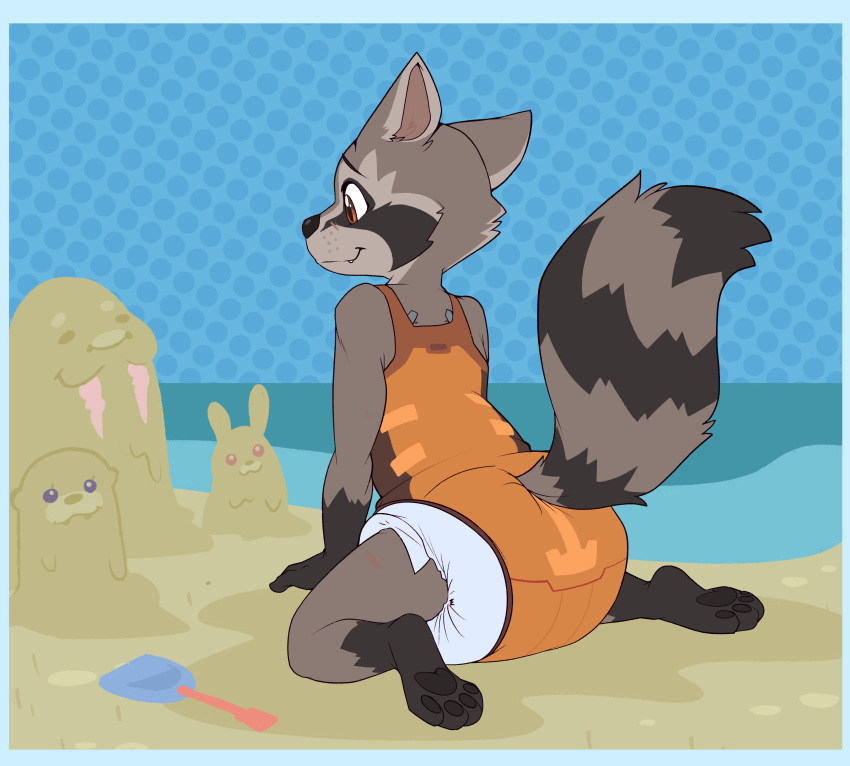 absurd_res anthro beach clothing cuddlehooves diaper guardians_of_the_galaxy hi_res infantilism male mammal marvel marvel_cinematic_universe onesie procyonid raccoon rocket_raccoon seaside solo