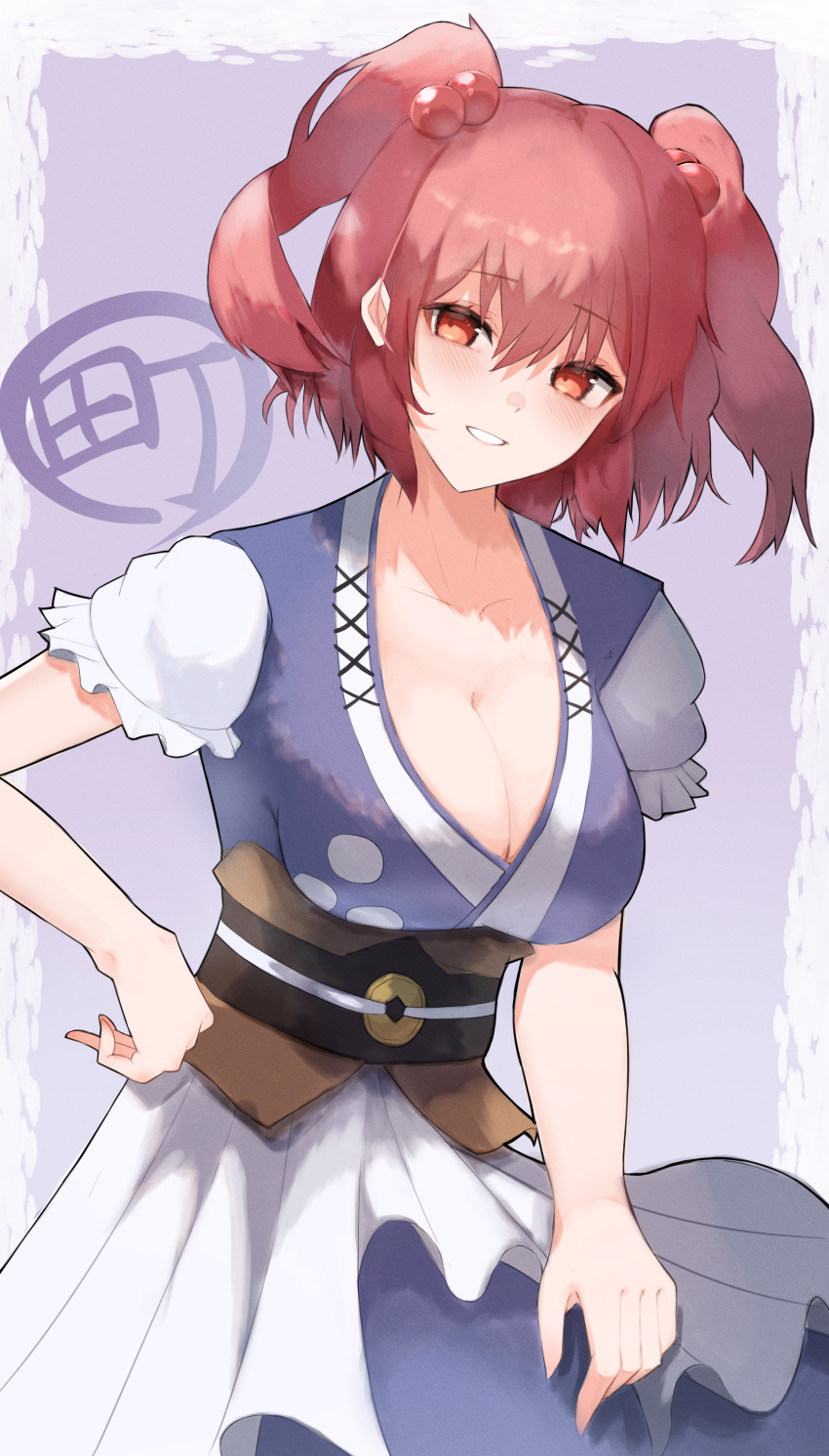 1girl absurdres blue_dress breasts cleavage coin commentary dress hair_bobbles hair_ornament highres large_breasts looking_at_viewer obi onozuka_komachi parted_lips poru_(36016757) red_eyes red_hair sash short_sleeves simple_background smile solo touhou two_side_up