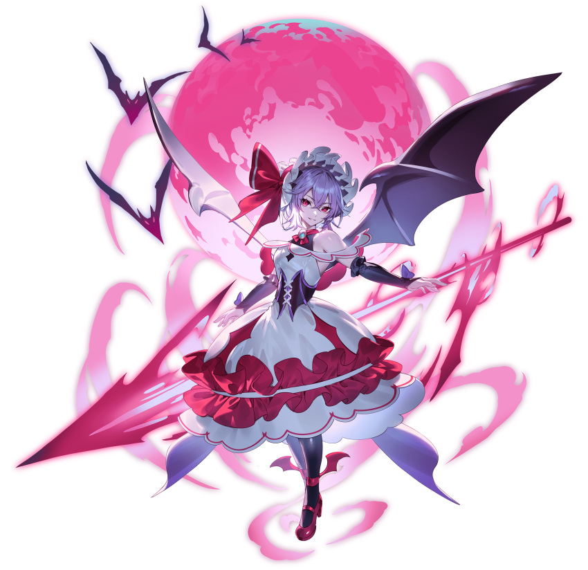 1girl absurdres ascot bat_wings black_sleeves brooch hat highres jewelry looking_at_viewer mob_cap moon red_ascot red_eyes red_footwear red_moon remilia_scarlet smile solo spear_the_gungnir touhou transparent_background u_u_zan wings