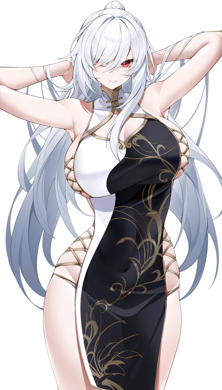 1girl absurdres alternate_costume armpits arms_behind_head arms_up breasts casul china_dress chinese_clothes cleavage cleavage_cutout clothing_cutout covered_navel dress hair_over_one_eye highres honkai:_star_rail honkai_(series) jingliu_(honkai:_star_rail) large_breasts long_hair looking_at_viewer red_eyes revealing_clothes sideboob sideless_outfit simple_background solo two-tone_dress very_long_hair white_background