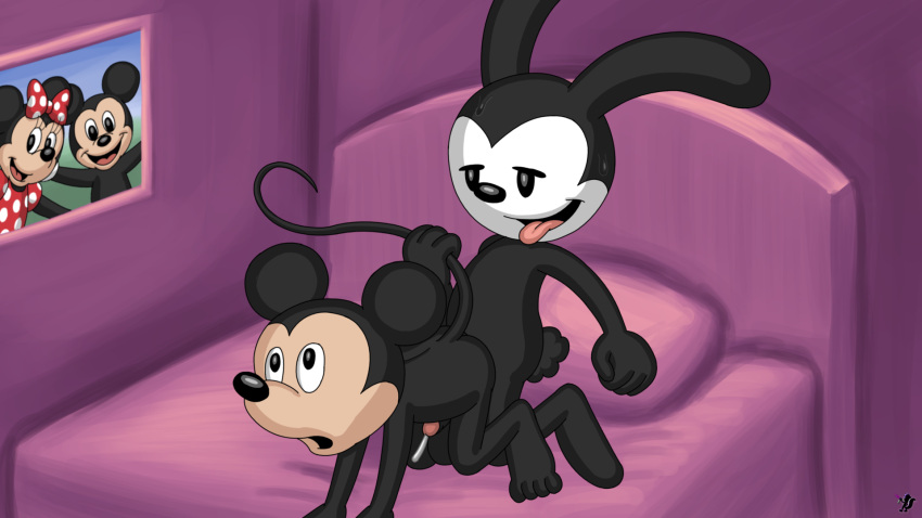 anal anthro bed bed_sheet bedding bedroom disney duo furniture hi_res male male/male mickey_mouse omatic oswald_the_lucky_rabbit penetration sex tail