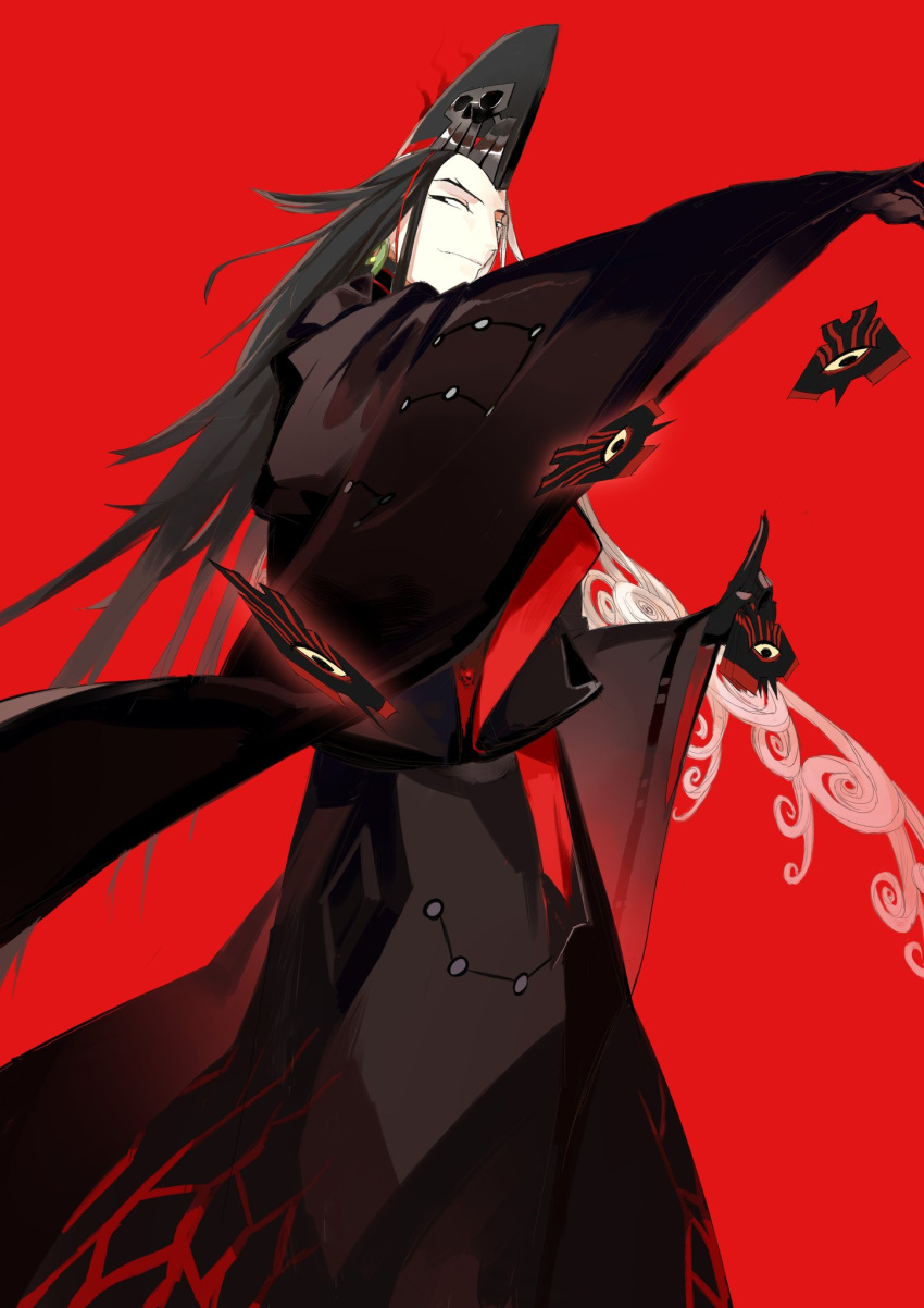 1boy ashiya_douman_(fate) ashiya_douman_(third_ascension)_(fate) black_hair black_headwear black_skin colored_skin earrings fate/grand_order fate_(series) feet_out_of_frame hat heian highres jewelry light_smile long_hair looking_to_the_side magatama magatama_earrings multicolored_hair official_alternate_costume onmyouji outstretched_arms rathalosx4 red_background shikigami spread_arms tate_eboshi traditional_clothes two-tone_hair white_hair