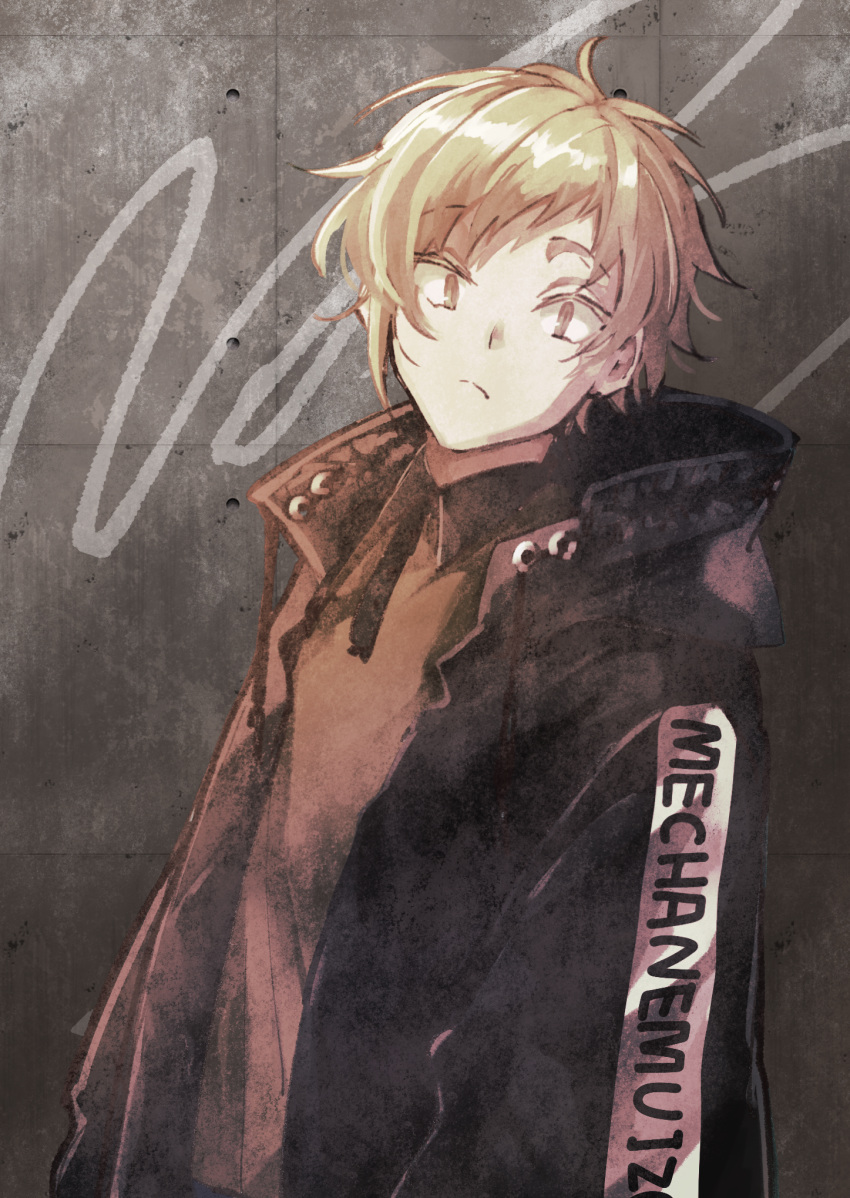1boy black_jacket blonde_hair brown_jacket brown_shirt closed_mouth clothes_writing collared_shirt colored_eyelashes commentary_request concrete drawstring frown grey_background highres hood hood_down indoors jacket kagerou_project kano_shuuya looking_at_viewer male_focus mokemoke_chan multicolored_clothes multicolored_jacket open_clothes open_jacket partial_commentary shirt short_hair slit_pupils solo two-tone_jacket upper_body yellow_eyes