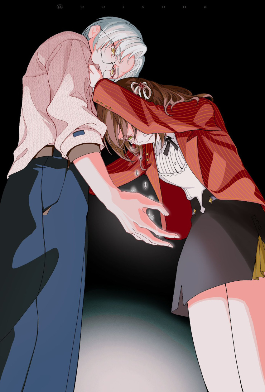 1boy 1girl belt black_background black_skirt blue_pants bow brown_hair collared_shirt crying crying_with_eyes_open english_commentary glasses green_eyes hair_bow highres jacket long_hair long_sleeves mole mole_under_eye pants poisona_(nimomimasaki) red_jacket rosa_(tears_of_themis) shirt short_hair skirt sleeves_rolled_up striped tears tears_of_themis vertical_stripes vyn_richter_(tears_of_themis) white_bow white_hair white_shirt yellow_eyes