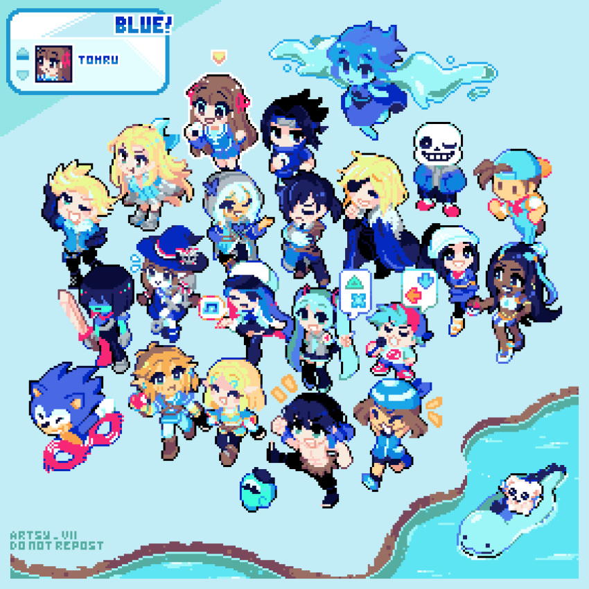 6+boys 6+girls abs akari_(pokemon) among_us animated animated_gif apple arm_up armor arms_behind_head arrow_(symbol) artist_name artsy_vii backwards_hat bandana bijou_(hamtaro) bike_shorts black_hair black_pants black_shorts blonde_hair blue_bandana blue_cape blue_dress blue_eyes blue_footwear blue_hair blue_headband blue_hoodie blue_overalls blue_shirt blue_skin blue_skirt blue_tunic blue_wristband blush_stickers bokujou_monogatari boots boyfriend_(friday_night_funkin') bravely_default_(series) bright_pupils brown_eyes brown_footwear brown_hair butterfly_hair_ornament cape character_select closed_eyes color_connection colored_skin covered_mouth crewmate_(among_us) dark-skinned_female dark_skin deltarune dimitri_alexandre_blaiddyd dress edea_lee eyepatch felix_hugo_fraldarius fire_emblem fire_emblem:_three_houses flying_sweatdrops food friday_night_funkin' fruit fur-trimmed_cape fur_trim galaxy_expedition_team_survey_corps_uniform grey_shirt grin hair_ornament hair_over_eyes hair_ribbon hairclip hamtaro_(series) hand_on_own_hip hands_in_pockets happy hashibira_inosuke hat hatsune_miku headband highres holding holding_food holding_fruit holding_hands holding_microphone holding_poke_ball holding_staff holding_sword holding_weapon honda_tohru hood hood_up hoodie kimetsu_no_yaiba kris_(deltarune) long_hair long_sleeves marija_(muse_dash) microphone multiple_boys multiple_girls muse_dash music musical_note naruto_(series) no_mouth no_nose onigiri oounabara_to_wadanohara open_mouth overalls pants pectorals pete_(bokujou_monogatari) pixel_art pleated_skirt pointy_ears poke_ball poke_ball_(basic) pokemon pokemon_(game) pokemon_legends:_arceus pokemon_rse pokemon_swsh quagsire red_apple red_footwear red_headwear red_ribbon red_scarf ribbon riding ringabel river rune_factory rune_factory_4 running ryker_(rune_factory) sans scarf school_uniform shirt shoes shorts shoulder_tattoo singing skeleton skirt slippers smile sneakers sonic_(series) sonic_the_hedgehog spoken_musical_note spoken_symbol staff steven_universe sword tattoo the_legend_of_zelda the_legend_of_zelda:_breath_of_the_wild thigh_boots topless_male twintails uchiha_sasuke undertale very_long_hair vocaloid wadanohara water_wings weapon white_pupils white_shirt white_shorts witch_hat
