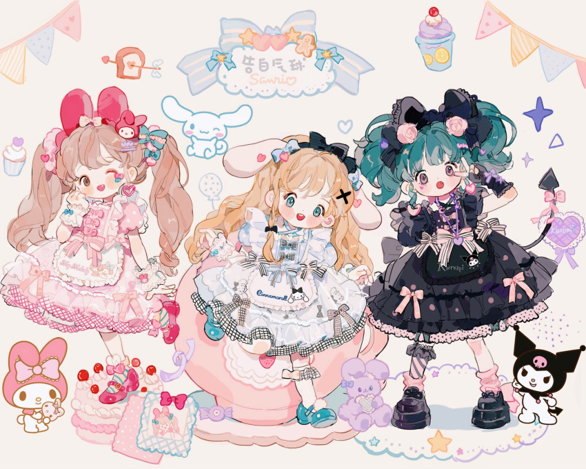 3girls animal_ear_hairband animal_ears apron aqua_footwear aqua_hair aqua_socks arrow_(projectile) artist_name back_bow belt_buckle black_apron black_bow black_dress black_footwear black_gloves black_socks blonde_hair blue_dress blue_eyes blush_stickers bow bow_button bow_legwear brown_hair buckle candy character_print child cinnamoroll commentary copyright_name cup cupcake demon_tail dog_ears dress dress_bow eyeshadow fang fingerless_gloves floppy_ears flower food frilled_apron frilled_bow frilled_dress frilled_gloves frilled_sleeves frilled_socks frills full_body garland_(decoration) gingerbread_man gloves hair_bow hair_flower hair_ornament hairclip hand_on_own_cheek hand_on_own_face heart heart_hair_ornament heart_necklace heart_on_cheek highres ice_cream jewelry kneehighs kuromi leg_up lolita_fashion long_hair looking_at_viewer makeup mary_janes multiple_girls multiple_hair_bows my_melody napkin necklace one_eye_closed open_mouth original pink_bow pink_dress pink_eyeshadow pink_flower pink_footwear pink_leg_warmers pink_rose pink_socks plaid plaid_dress polka_dot polka_dot_dress pom_pom_(clothes) puffy_short_sleeves puffy_sleeves purple_bow purple_eyes putong_xiao_gou rabbit_ears ribbon-trimmed_dress rose sanrio see-through_dress_layer shadow shoes short_dress short_sleeves single_kneehigh single_sock smile socks sparkle star_(symbol) straight-on striped striped_bow striped_socks stuffed_animal stuffed_rabbit stuffed_toy tail tail_bow tail_ornament teacup teeth thighhighs toast twintails two-tone_socks upper_teeth_only very_long_hair waist_apron wavy_hair white_apron white_background white_thighhighs white_wrist_cuffs wrist_bow x_hair_ornament