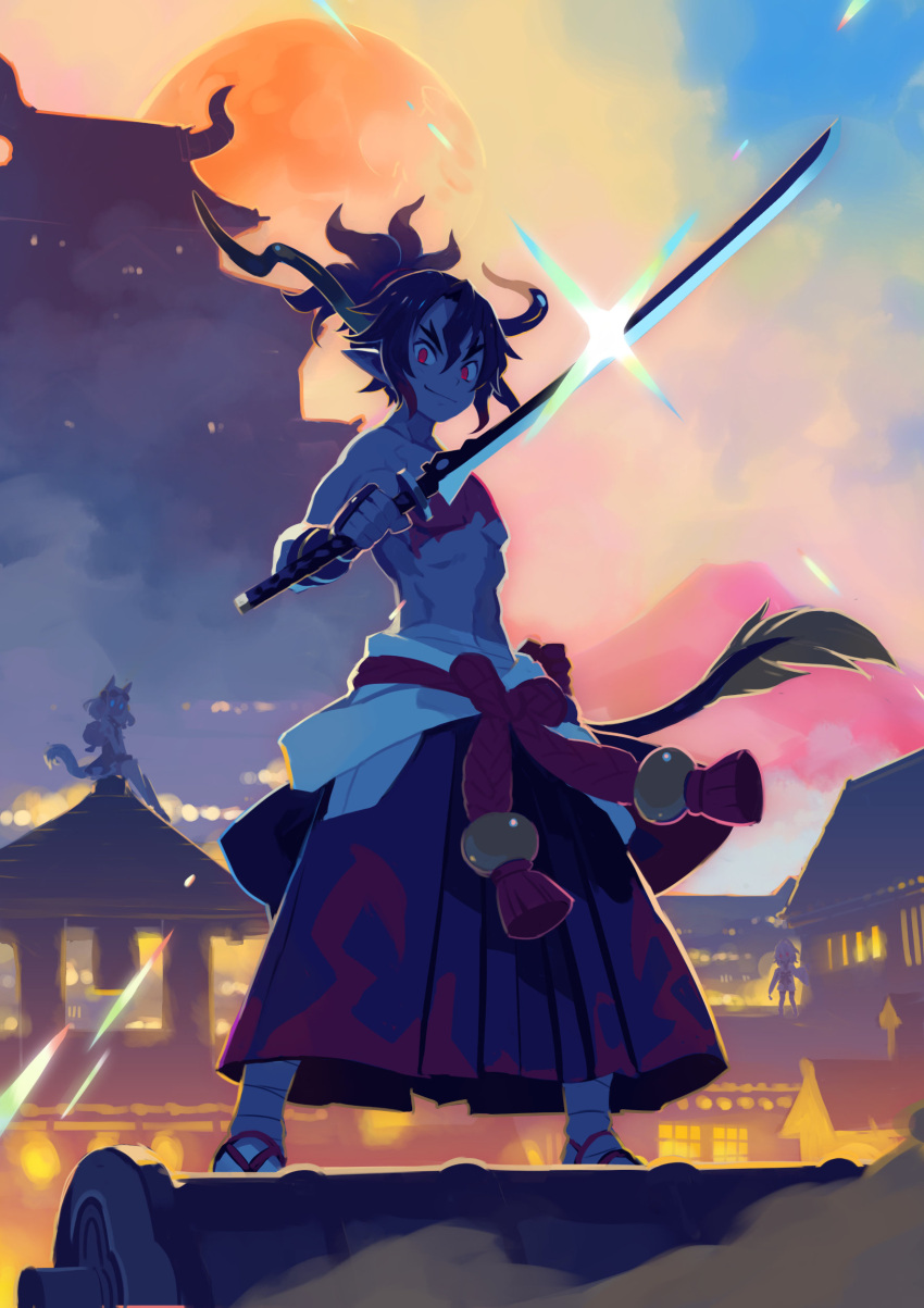 1boy 2girls absurdres ao_(disgaea) black_hair black_hakama bow closed_mouth cloud colored_skin disgaea fuji_(disgaea) full_body full_moon hakama harada_takehito highres holding holding_sword holding_weapon horns japanese_clothes legs_apart looking_at_viewer makai_senki_disgaea_7 mature_male moon multicolored_skin multiple_girls muscular muscular_male official_art pagoda pirilika_(disgaea) pointy_ears ponytail red_bow red_eyes red_skin sandals sky smile standing sword tail topless_male two-tone_skin waist_bow weapon