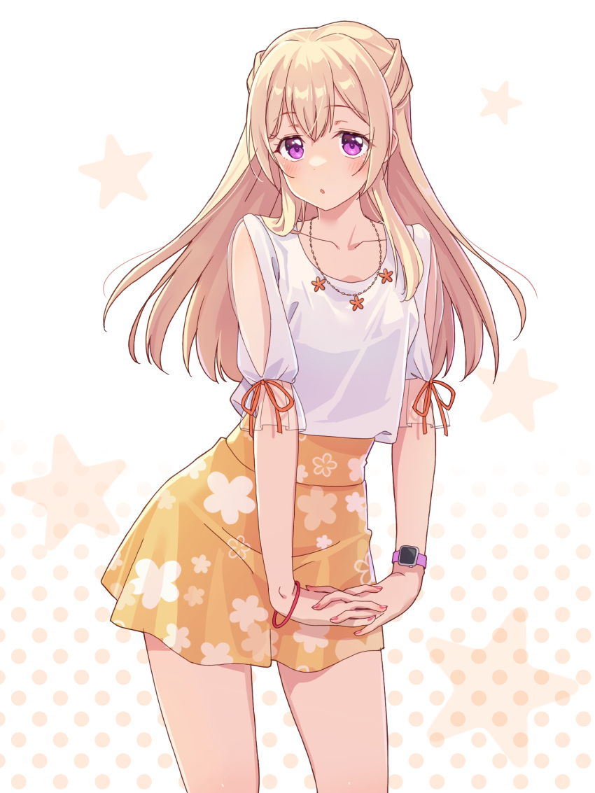 1girl bang_dream! blonde_hair collarbone floral_print half_updo highres interlocked_fingers jewelry light_blush long_hair necklace open_mouth orange_ribbon own_hands_clasped own_hands_together parted_lips polka_dot polka_dot_background print_skirt purple_eyes red_wristband ribbon shirasagi_chisato shirt short_sleeves skirt sleeve_ribbon solo starry_background upturned_eyes watch white_shirt wristwatch yazawa_happyaro yellow_skirt
