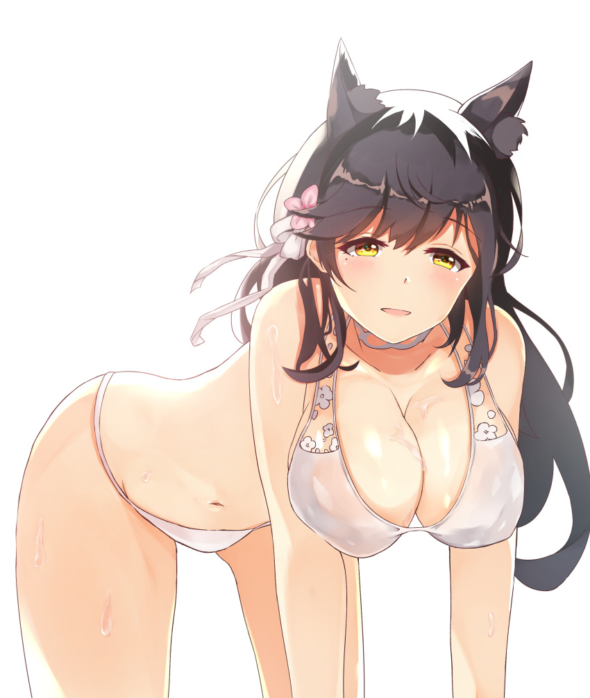 1girl absurdres animal_ears atago_(azur_lane) atago_(summer_march)_(azur_lane) azur_lane bikini breasts cleavage dog_ears dog_girl hair_ornament highres large_breasts leaning_forward looking_at_viewer official_alternate_costume sarong sarong_removed simple_background swimsuit sylux wet white_background white_bikini