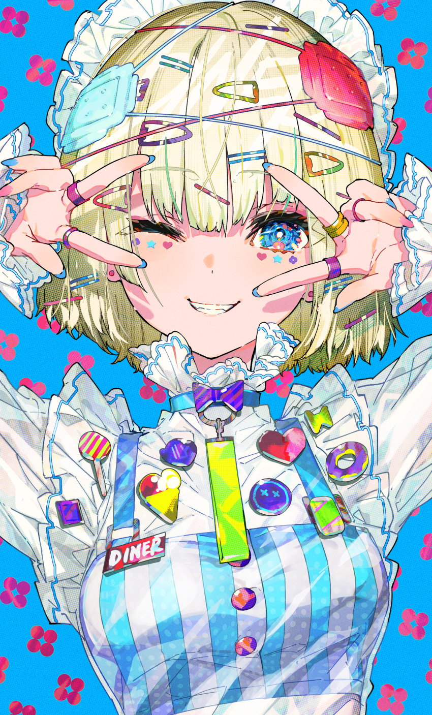 1girl absurdres blonde_hair blue_background blue_eyes blue_nails breasts clenched_teeth commentary_request decora double_v earrings eyepatch facial_mark fingernails frilled_sleeves frills grin hair_between_eyes hair_ornament hairclip hands_up highres jewelry long_sleeves looking_at_viewer maid_headdress medical_eyepatch medium_breasts mika_pikazo multicolored_nails multiple_rings nail_polish one_eye_closed original ring shirt short_hair sidelocks smile solo teeth upper_body v white_shirt