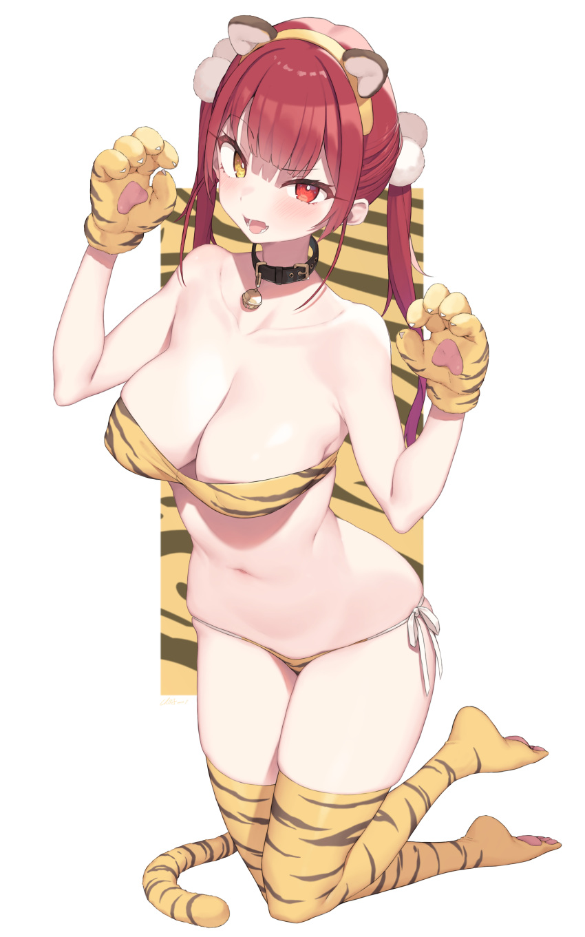 1girl absurdres animal_ears animal_hands animal_print bare_shoulders bell bikini black_collar breasts cloba collar collarbone commentary fake_animal_ears fang gloves hands_up heterochromia highres hololive houshou_marine kneeling large_breasts long_hair looking_at_viewer navel neck_bell no_shoes open_mouth paw_gloves print_bikini raised_eyebrow red_eyes red_hair side-tie_bikini_bottom skin_fang skindentation solo swimsuit symbol-only_commentary tail thighhighs thighs tiger_ears tiger_print tiger_tail twintails virtual_youtuber