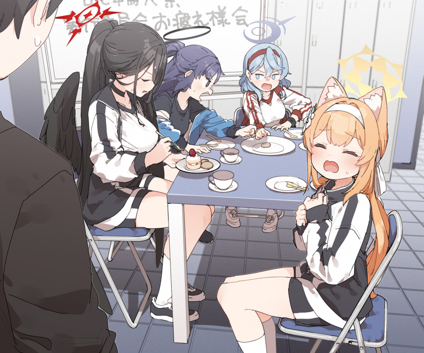 1boy 4girls ako_(track)_(blue_archive) animal_ears black_choker black_hair black_wings blue_archive blue_hair blush choker closed_eyes cup feathered_wings fork fox_ears gym_shirt gym_uniform halo hasumi_(blue_archive) hasumi_(track)_(blue_archive) headband highres holding holding_fork holding_saucer indoors jacket looking_at_another mari_(blue_archive) mari_(track)_(blue_archive) multiple_girls orange_hair purple_hair red_headband saucer sensei_(blue_archive) shirt shoes sneakers sweatdrop teacup track_jacket white_headband whiteboard wings yukie_(kusaka_shi) yuuka_(blue_archive) yuuka_(track)_(blue_archive)
