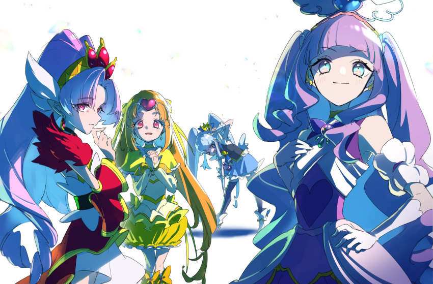 4girls absurdres akagi_towa aqua_eyes artist_request blue_eyes blue_hair blue_skirt bow choker crossover crown crown_hair_ornament cure_majesty cure_muse_(yellow) cure_princess cure_scarlet dress earrings ellee-chan eyelashes go!_princess_precure hair_ornament happinesscharge_precure! happy highres hirogaru_sky!_precure in-franchise_crossover jewelry long_hair looking_at_viewer magical_girl multiple_girls one_eye_closed orange_hair pink_eyes pink_hair precure princess purple_dress purple_hair red_eyes shirabe_ako shirayuki_hime simple_background skirt smile source_request standing suite_precure trait_connection twintails v white_background yellow_choker