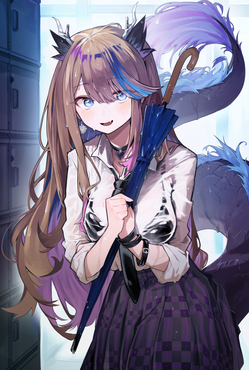 1girl absurdres airi_kanna antlers black_bra black_choker black_necktie blue_eyes blush bra bracelet breasts brown_hair choker collared_shirt colored_inner_hair dragon_tail earrings fang forehead_tattoo heart heart_choker highres holding holding_umbrella jewelry large_breasts locker long_hair long_skirt long_sleeves looking_at_viewer movik multicolored_hair necktie open_mouth plaid plaid_skirt pom_pom_(clothes) pom_pom_earrings purple_hair see-through see-through_shirt shirt skirt sleeves_rolled_up stellive streaked_hair tail two-tone_hair umbrella underwear wet wet_clothes wet_shirt white_shirt