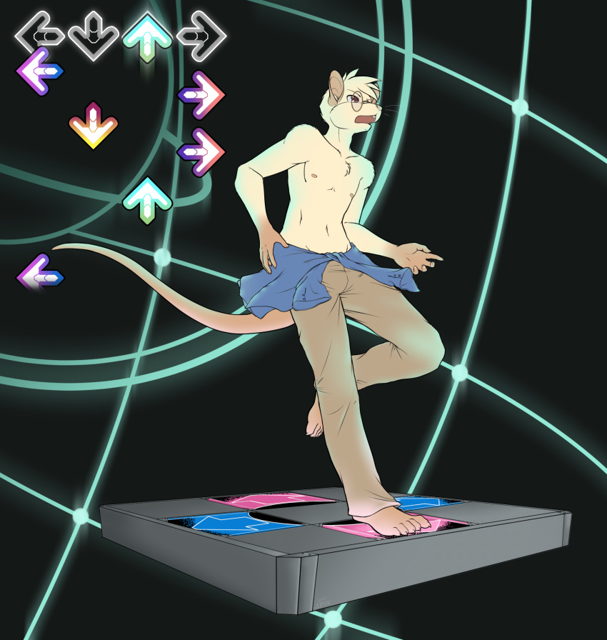 2015 anthro bemani biped biscuit_(biscuits) bottomwear buckteeth claws clothed clothing clothing_around_waist dance_dance_revolution dancing eyebrows eyewear gameplay_mechanics glasses gloves_(marking) gui head_tuft hi_res konami leg_markings malachyte male mammal markings murid murine navel nipples open_mouth pants pink_markings pink_nose rat red_eyes rodent round_glasses shirt_around_waist socks_(marking) solo teeth toe_claws topless topless_male tuft whiskers white_body