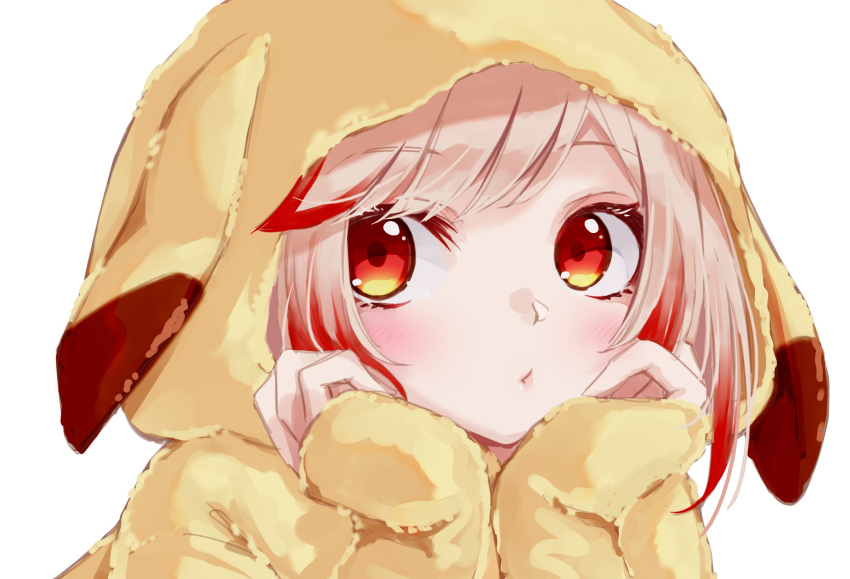 1girl alternate_costume blonde_hair blush chukachuka closed_mouth commentary_request expressionless hands_on_own_cheeks hands_on_own_face highres hood hood_up long_sleeves looking_at_viewer medium_bangs multicolored_hair nanashi_inc. orange_eyes pikachu_costume red_hair seshima_rui short_hair simple_background solo transparent_background two-tone_hair upper_body virtual_youtuber