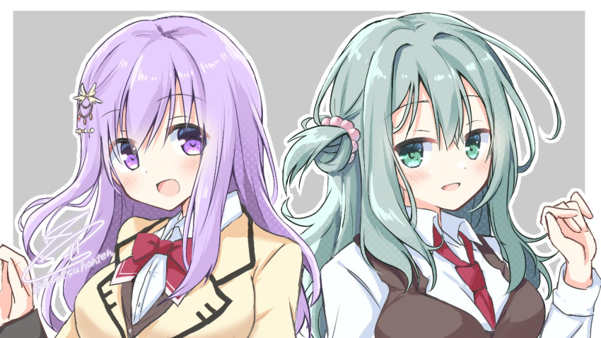 2girls :d aqua_hair beads blush border bow bowtie breasts brown_vest close-up collared_shirt comiket_96 commentary_request double-parted_bangs eyes_visible_through_hair green_eyes grey_background hair_beads hair_between_eyes hair_ornament hand_up happy ise_kotori jacket large_breasts long_hair long_sleeves looking_at_viewer multiple_girls necktie one_side_up open_mouth purple_eyes purple_hair red_bow red_bowtie red_necktie riddle_joker school_uniform shikibe_mayu shirt side-by-side sidelocks signature simple_background smile usetsusakon2 vest white_border white_shirt wing_hair_ornament yellow_jacket