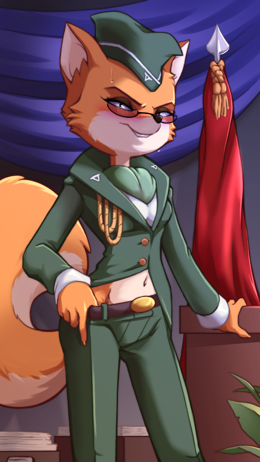 2023 absurd_res anthro black_nose blush bodily_fluids bottomwear canid canine clothed clothing digital_media_(artwork) eyewear female fox fully_clothed glasses green_bottomwear green_clothing green_pants green_shirt green_topwear hat headgear headwear hi_res looking_at_viewer lt._fox_vixen mammal military_uniform pants pink_background plagueofgripes sek_studio shirt simple_background skinny skinny_female smile solo squirrel_and_hedgehog standing sweat sweatdrop topwear undressing uniform