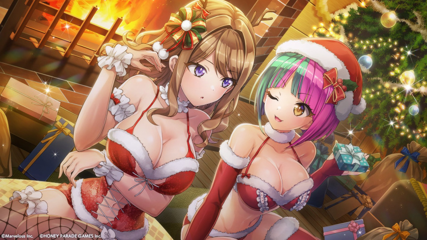 2girls arm_under_breasts bikini box breasts brown_hair christmas_tree cleavage corset dolphin_wave elbow_gloves fireplace fishnet_thighhighs fishnets flipped_hair fur-trimmed_gloves fur-trimmed_legwear fur_trim gift gift_box gloves green_hair hair_intakes hair_ribbon hat helly_lewis highres holding holding_gift large_breasts long_hair looking_at_another multicolored_hair multiple_girls official_art one_eye_closed ootomo_takuji orange_eyes purple_eyes purple_hair ribbon santa_hat short_hair suminoe_shion swimsuit thighhighs wavy_hair