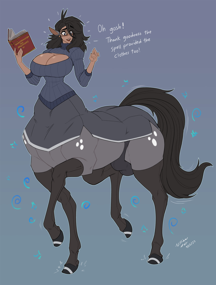 big_breasts book breasts bulge centaur cleavage_cutout clothing dialogue english_text equid equid_taur eyewear glasses gynomorph hi_res hooves humanoid_taur intersex legwear long_ears magic mammal mammal_taur sparkles stockings taur text wmdiscovery93