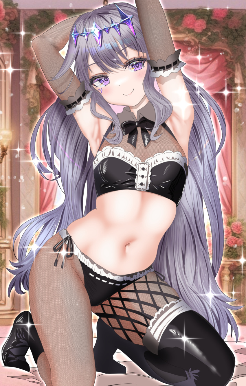 1girl armpits breasts crop_top elbow_gloves fishnet_pantyhose fishnets frills gem gloves grey_hair highres hololive hololive_english kneeling koseki_bijou long_hair navel pantyhose presenting_armpit purple_eyes single_thighhigh small_breasts smile solo sparkle stomach thighhighs very_long_hair virtual_youtuber wakaunderblade7