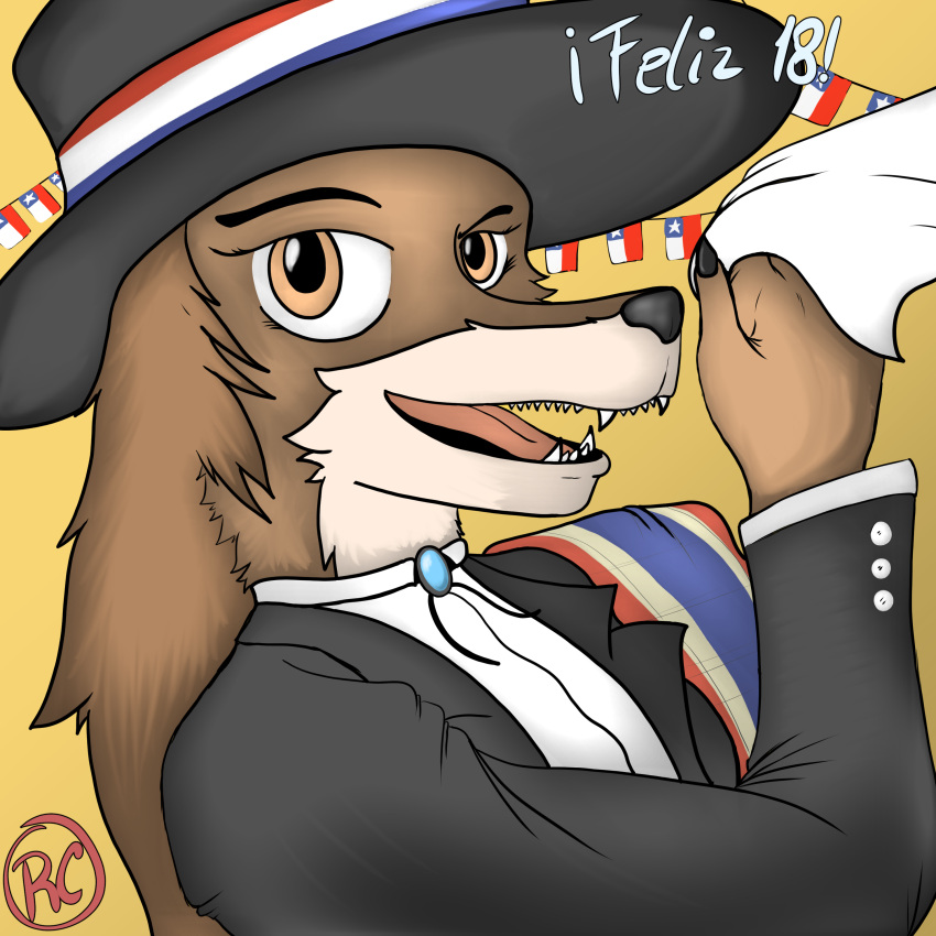 absurd_res anthro black_clothing black_nose black_suit brown_body brown_eyes brown_fur canid canine canine_nose canis cheek_tuft claws cloak clothing collar colored dress_shirt eyebrows eyelashes facial_tuft fangs female flag fur glistening glistening_eyes hair hat headgear headwear hi_res long_hair lucypher_(xdreamers) mammal neck_tuft rcblackdie shaded shirt simple_background simple_shading solo spanish_text star suit teeth text topwear tuft wolf