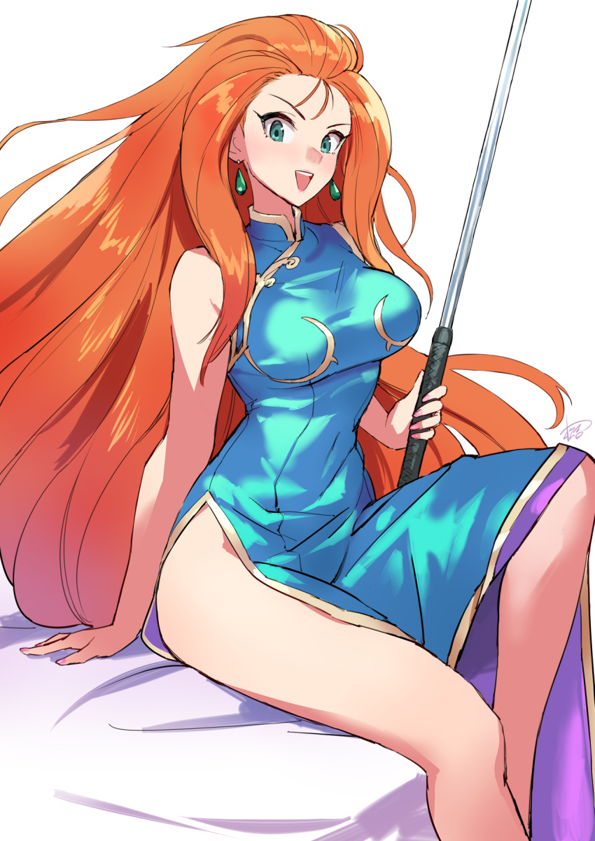 1girl :d arm_support baton_(weapon) bodycon breasts china_dress chinese_clothes commentary_request covered_navel dress earrings expandable_baton ghost_sweeper_mikami green_eyes highleg highres jewelry long_hair looking_at_viewer matsuda_(matsukichi) medium_breasts mikami_reiko orange_hair sitting smile solo teeth upper_teeth_only weapon