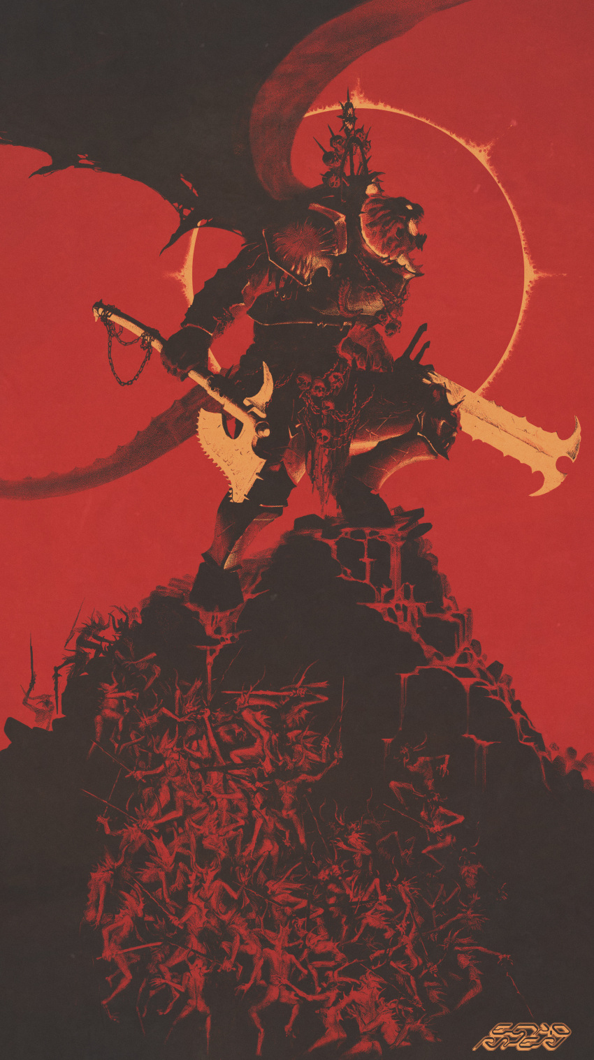 absurdres angron armor axe black_blade blood butchers_nails chain chain_axe chaos_(warhammer) demon_primarch dragon_wings heresy highres holding holding_axe holding_sword holding_weapon hooves khorne limited_palette looking_afar looking_ahead looking_to_the_side looking_up official_art power_armor primarch red_background simple_background skull spinegrinder sword tail warhammer_40k weapon wings world_eaters