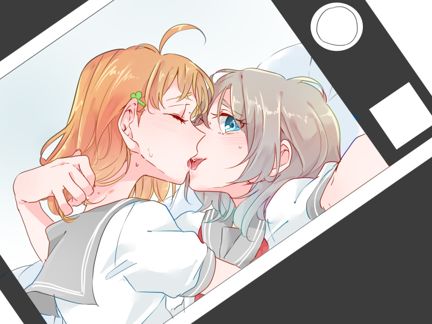 2girls ahoge blue_eyes blush closed_eyes clover_hair_ornament commentary_request fake_screenshot french_kiss grey_hair grey_sailor_collar hair_behind_ear hair_ornament hickey highres kashikaze kiss looking_at_viewer love_live! love_live!_sunshine!! medium_hair multiple_girls neckerchief open_mouth orange_hair outstretched_arms puffy_short_sleeves puffy_sleeves red_neckerchief sailor_collar school_uniform selfie serafuku shirt short_hair short_sleeves sidelocks sweat sweatdrop takami_chika taking_picture teeth tongue tongue_out uranohoshi_school_uniform watanabe_you white_shirt yuri