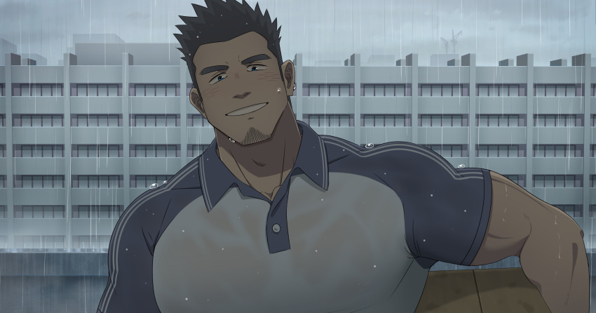 1boy absurdres bara black_eyes black_hair blush carrying_over_shoulder cityscape delivery goatee_stubble highres huge_pectorals male_focus mature_male muscular muscular_male original oro9 package paid_reward_available polo_shirt rain seductive_smile see-through shirt short_hair sideburns smile smirk solo spiked_hair tight_clothes tight_shirt upper_body wet wet_clothes wet_hair wet_shirt