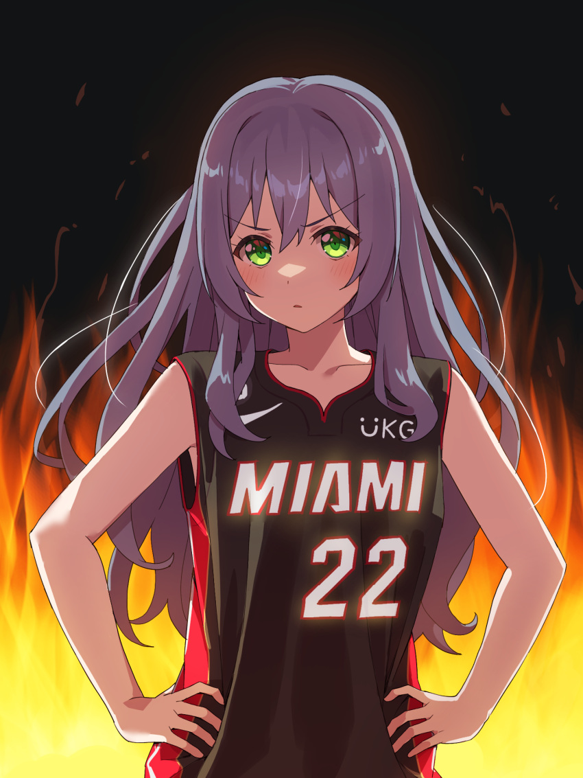 1girl asahi_rokka bang_dream! bare_shoulders basketball basketball_uniform blue_hair blush fire green_eyes highres jimmy_butler long_hair looking_at_viewer miami_heat national_basketball_association open_mouth sleeveless solo sportswear yazawa_happyaro