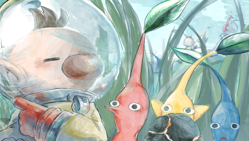 1boy absurdres alien big_nose blue_pikmin blush bomb_rock brown_hair closed_eyes different_reflection gloves grass helmet highres iat-418 leaf looking_at_another no_mouth olimar olimin pikmin_(creature) pikmin_(series) pikmin_1 pointing pointy_ears pointy_nose red_gloves red_pikmin reflection short_hair space_helmet spacesuit tiny upper_body very_short_hair yellow_pikmin